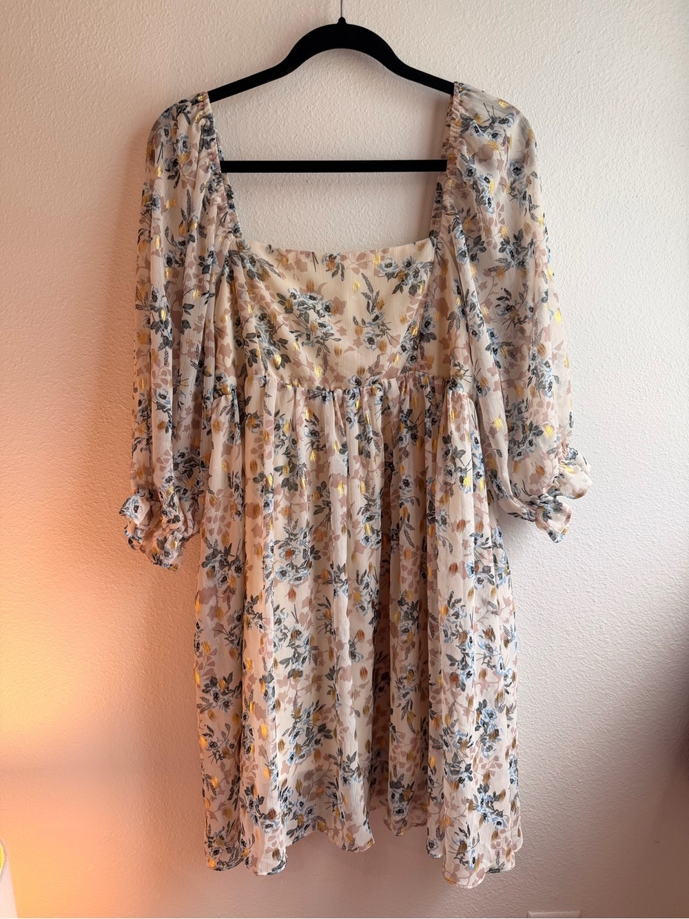 Floral Square-Neck Mini Dress in Cream, blue & gold shimmer